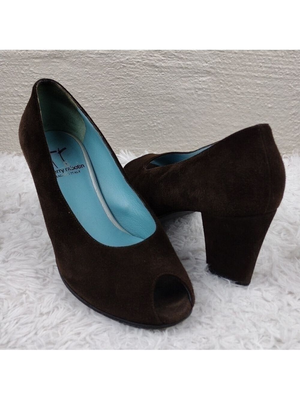 Thierry Rabotin Vintage Brown Suede Leather Almond Peep Toe Blocked Heel Shoe